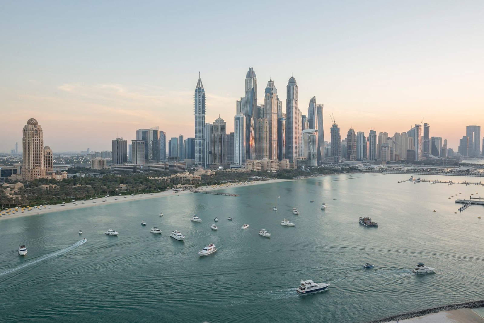 Dubai Marina skyline at dusk, viewed across the water